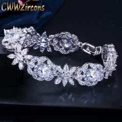 CWWZircons Top Quality White Cubic Zirconia Luxury Flower Leaf Big Wedding Bridal Party Charm Bracelet Bangle for Women CB128