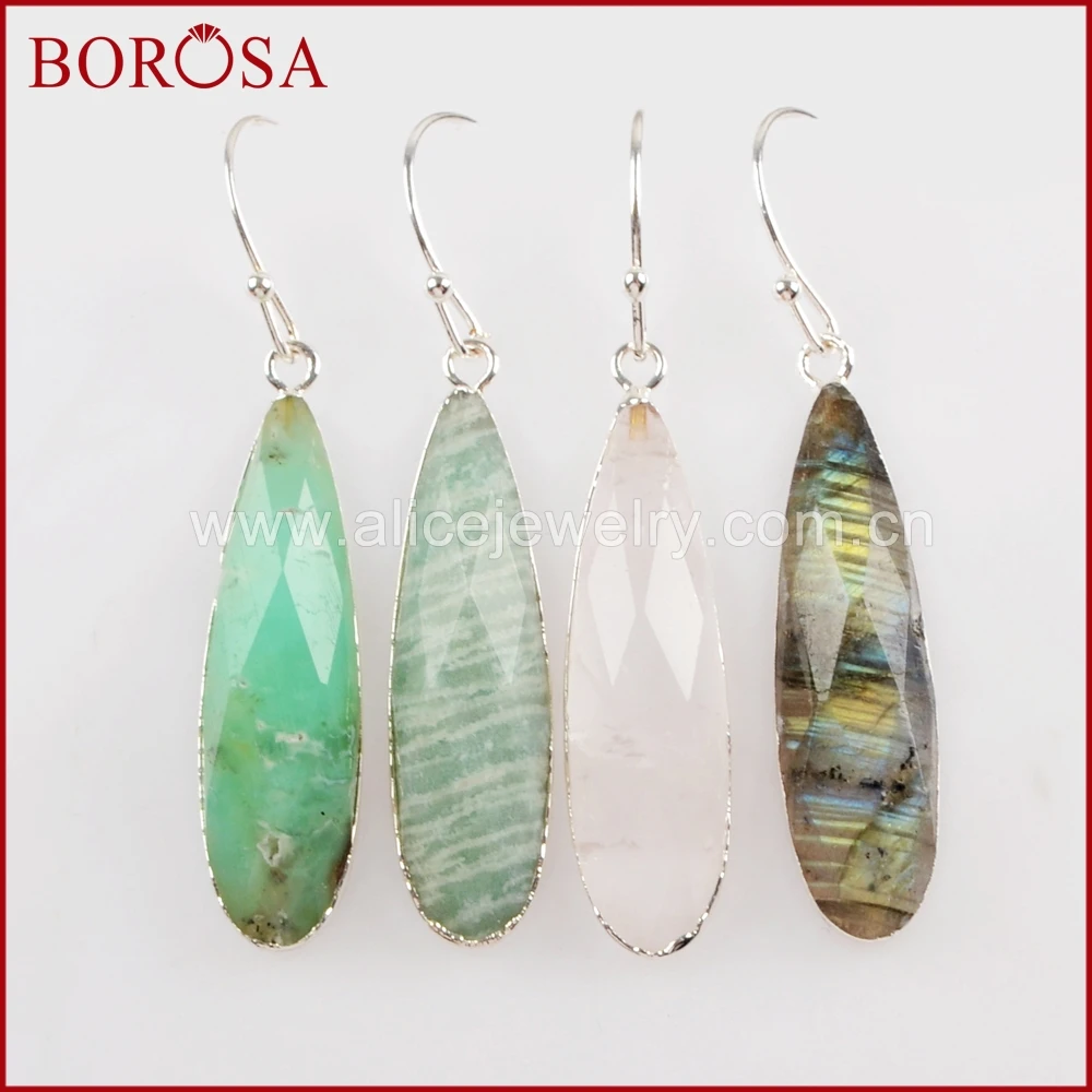 

BOROSA 5Pairs Silver Color Teardrop White Quartz Crystal Labradorite Faceted Charms Dangle Earrings Druzy Women Jewelry S1524-E