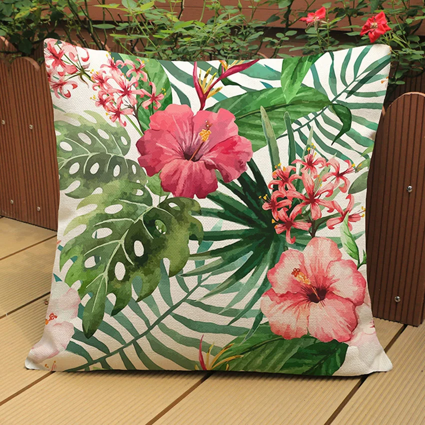 Tropical Plant Leaves Flowers Flamingo Bird Parrot Home Decoration Couch Cushion Office Chair Back Pillow for Sofa Linen Cotton