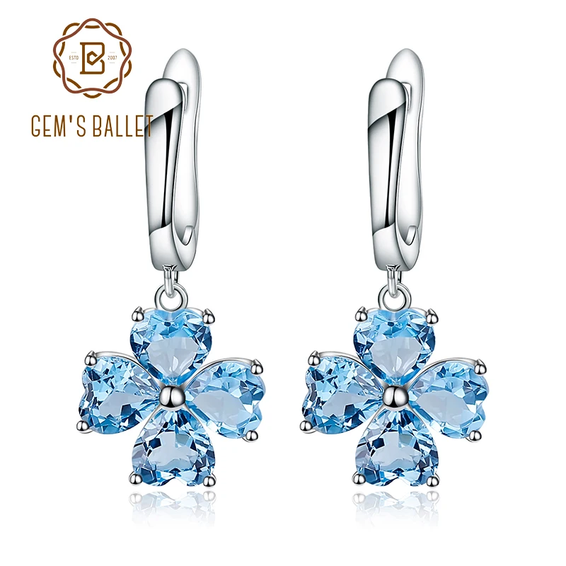 

Gem's Ballet 925 Sterling Silver Women's Flower Earrings 7.66Ct Natural Swiss Blue Topaz Gemstone Drop Earrings Fine Jewelry