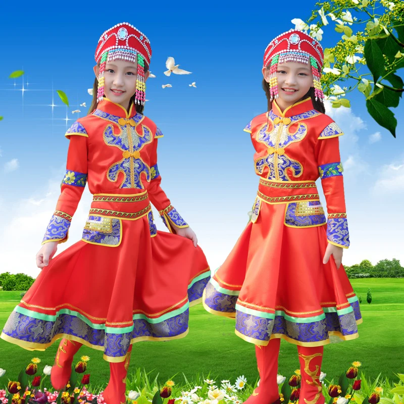 

red mongolia dance costumes for girls national dance costumes festival dance costumes for children new year clothing