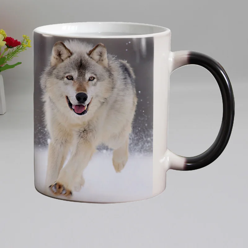 Funny Wolf Animal Heat Sensitive Coffee Mug Cup Ceramic Magic Color Changing Tea Milk Cups Beer Glass 11OZ