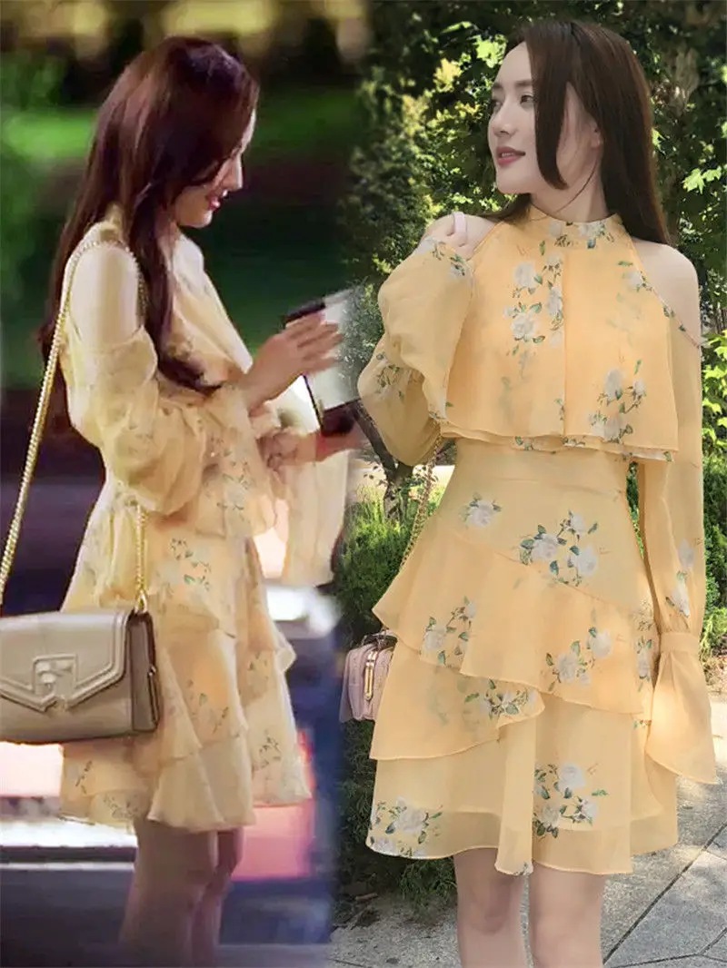 Korean Drama What's Wrong with Secretary Kim Mi-so Park Min Young Same Chiffon Print Outfit Dress Orange Costumes Cosplay New