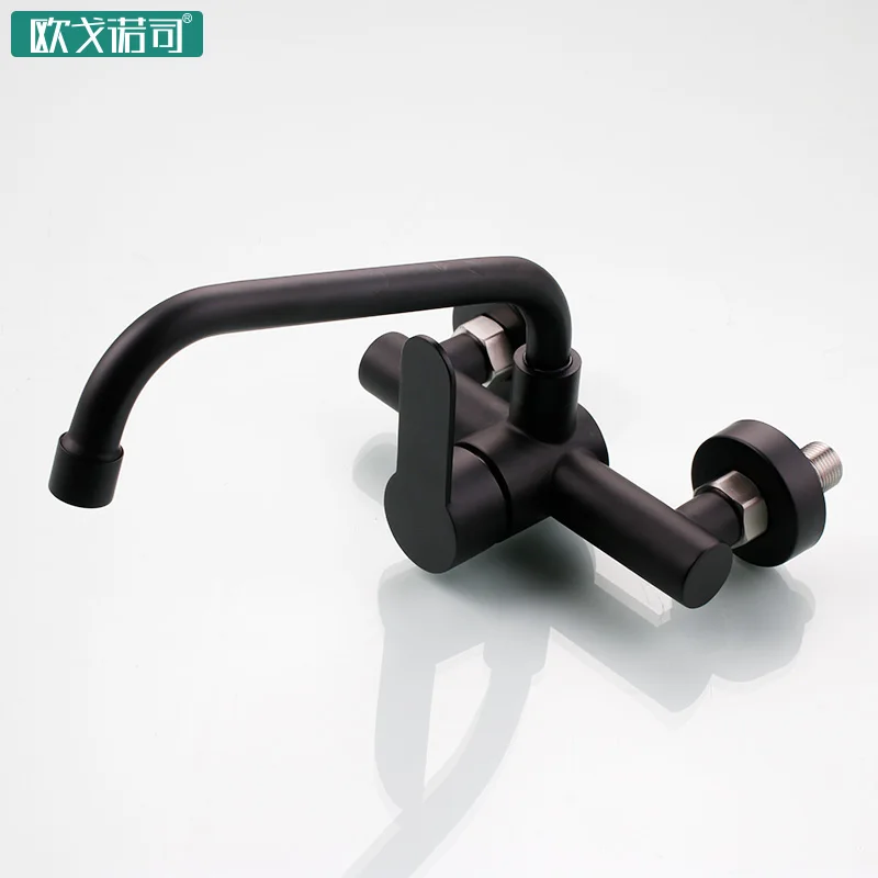 Wall mounted black kitchen faucet single handle double holes hot and cold water mixer