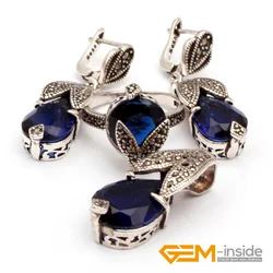 Dark Blue Crystals Antiqued TibetAn Silver Ring Earrings Pendant Sets Fashion Jewelry For Party Women Gift