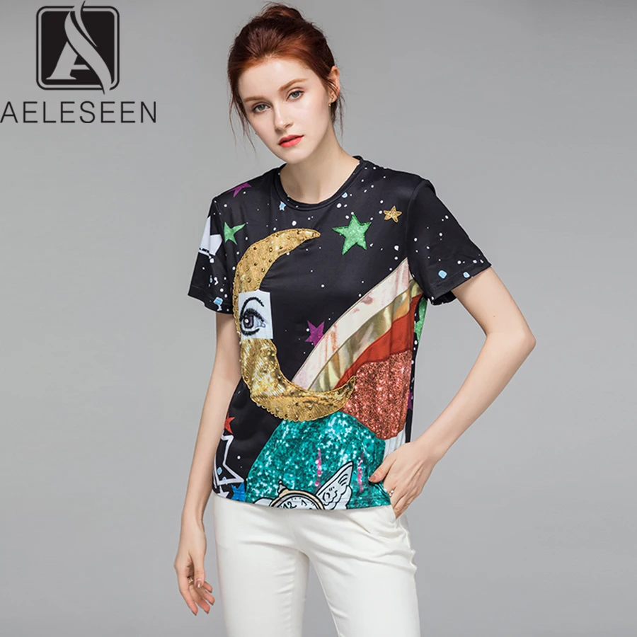 

AELESEEN 2024 Summer Fashion Women T-shirt Runway Short Sleeve Cartoon Moon Star Printed Luxury Beaded Cotton Tshirt New