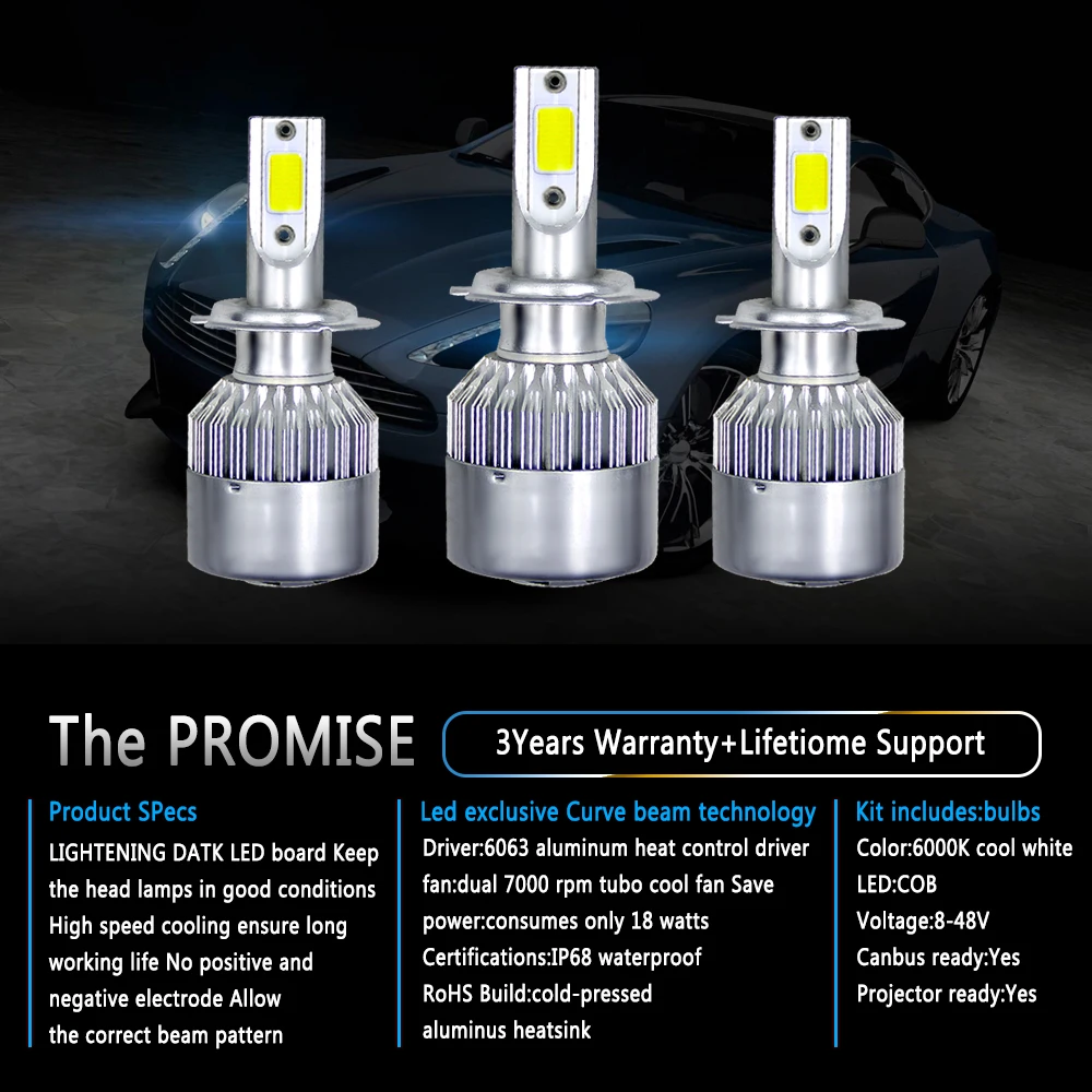 LED H1 H4 H7 H8 H9 H11 9005 HB3 9006 HB4 Car Headlight Bulb C6 Hi/lo Beam COB Kit Fog Light 12v 3000K 4300K 6000K 14000K Purple