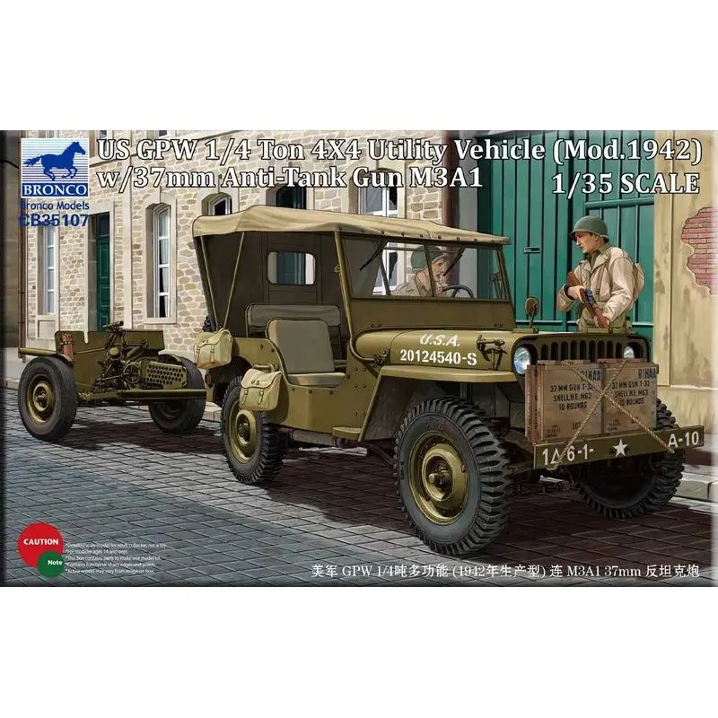 BRONCO CB35107 1/35 US GPW 1/4 Ton 4x4 Utility Vehicle w/37mm Anti-Tank Gun M3A1 - Scale Model Kit