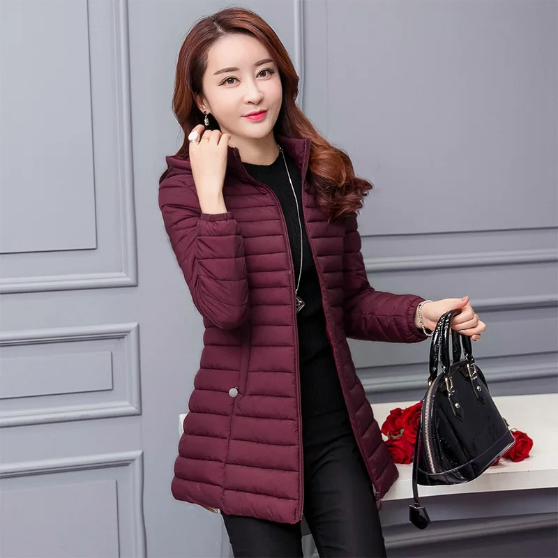 6XL Women Autumn Winter coat Parkas 2025 New Solid Hooded Down Cotton Jacket Medium Long Clothing Outerwear Slim Chic Top Female