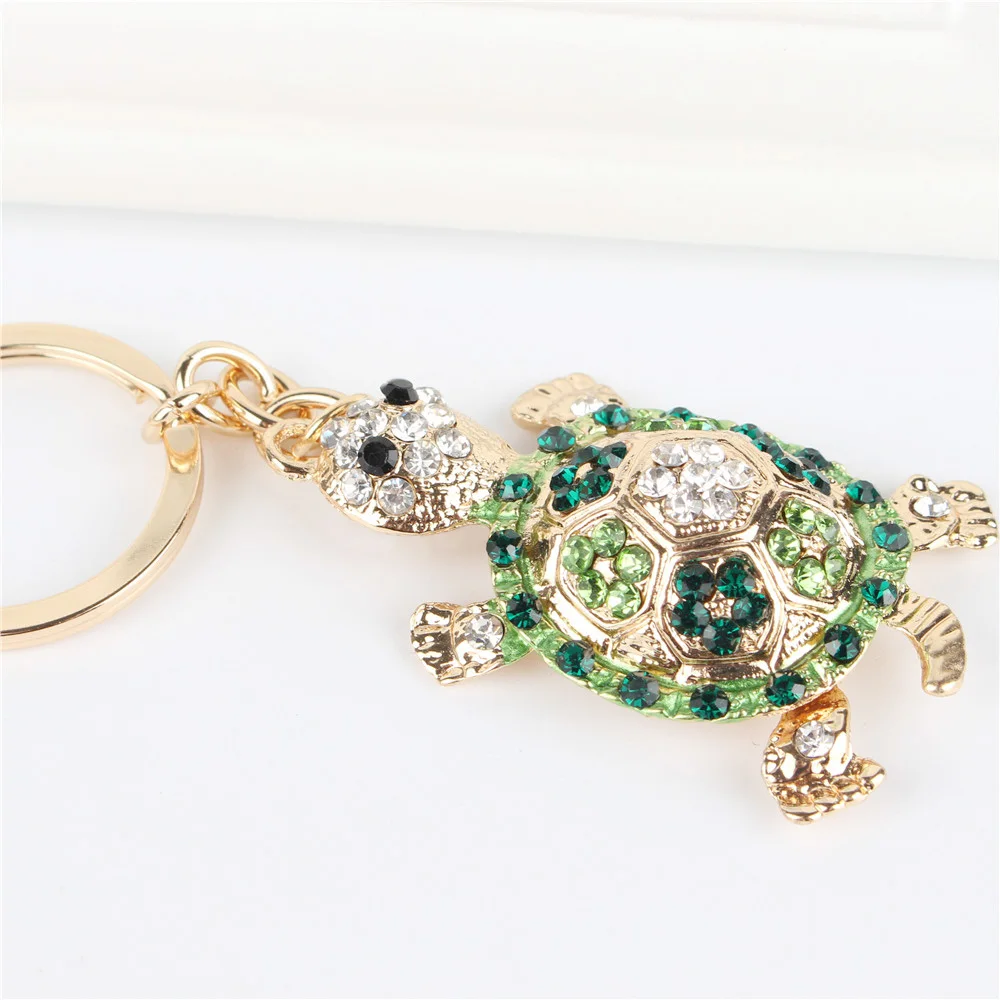 Green Tortoise Turtle Pendant Charm Rhinestone Crystal Purse Bag Keyring Key Chain Wedding Party Gift