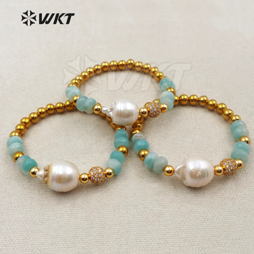 

MB096 WKT Simple Brass Beads Natural Light Green Stone Cubic Zirconia Pave Beads And Big Freshwater Pearl Adjustable Bracelet