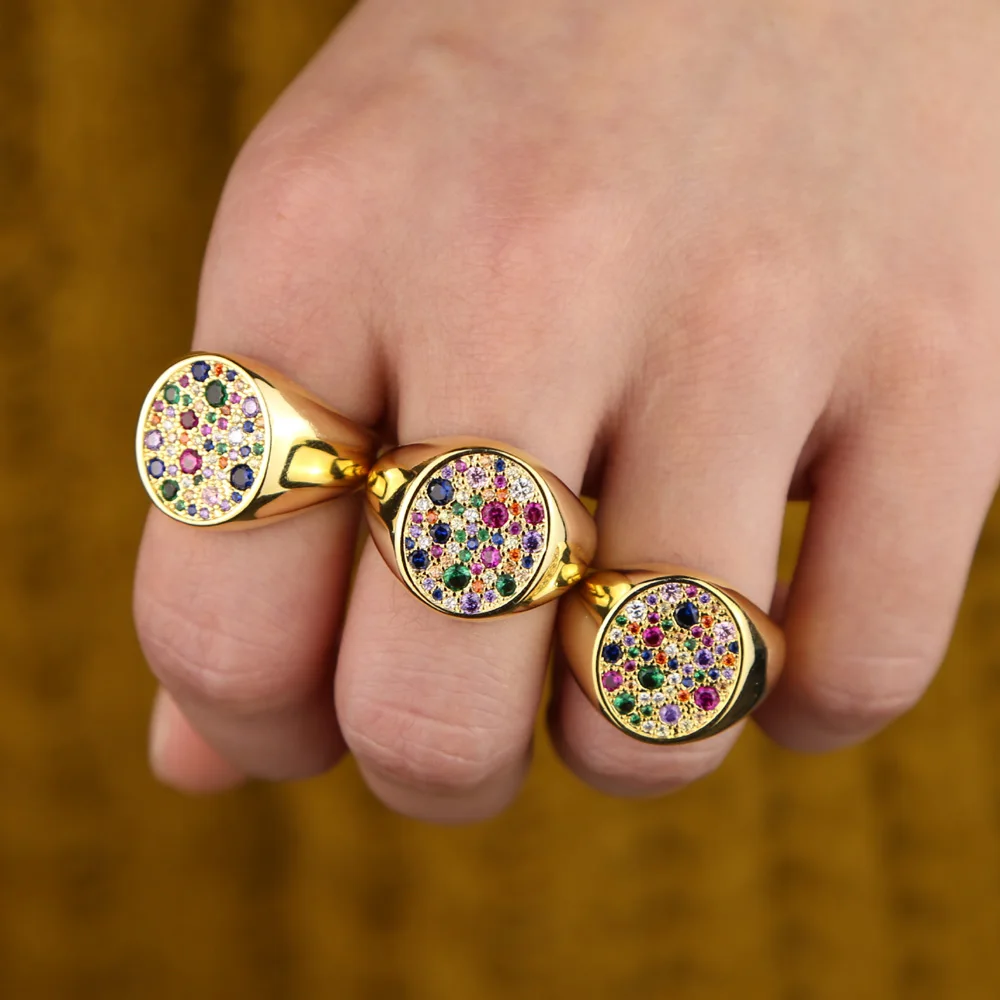 Gold filled geometric multi color rainbow CZ engagement ring size 5 6 7 8 eurpean women gorgeous trendy finger big rings