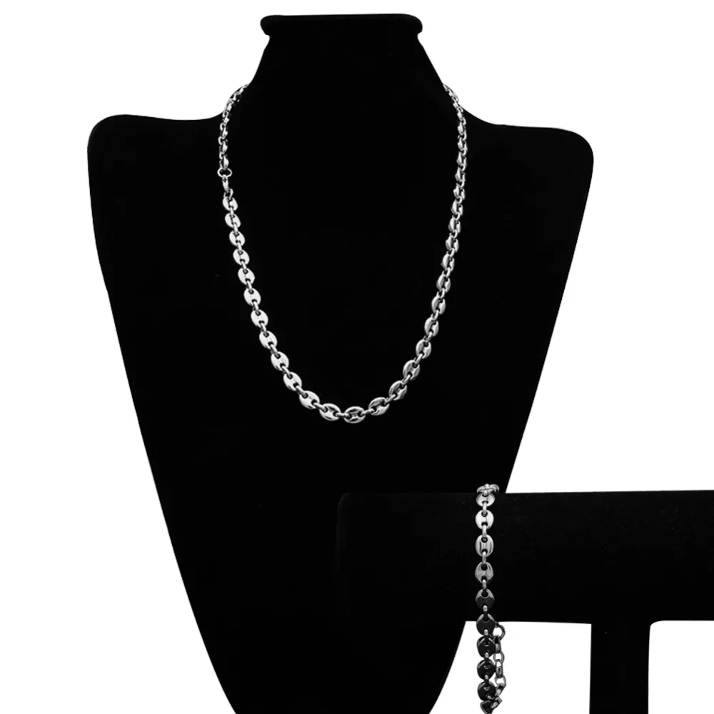 THE BLING KING 8mm Puffed Mariner Link Chain & Bracelet Set Gold silver color Hip Hop Punk Jewelry For Men 22.5cm and 55cm