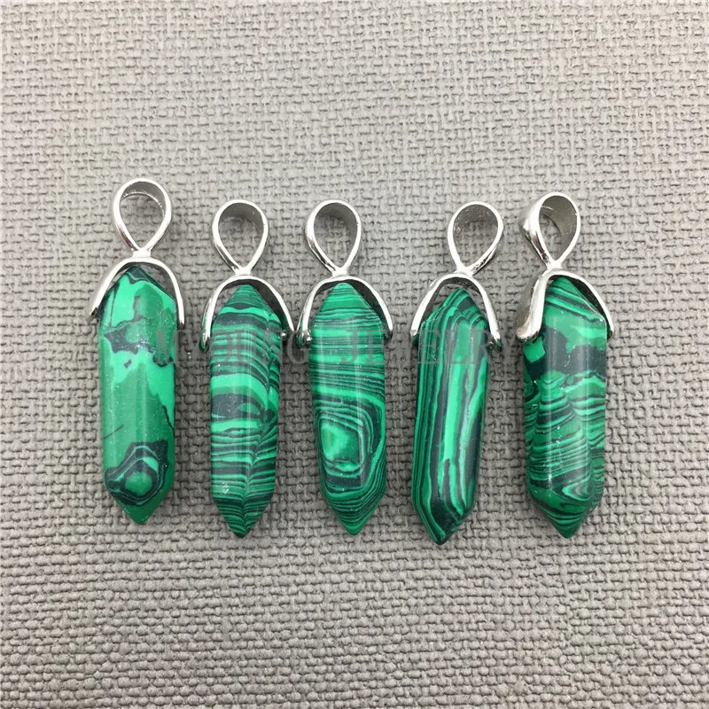 MY0292 Natural Malachite Spike Point Pendant,Chakra Healing Stone Pillar Pendant Pendulum Shape with Silver Plated Bail