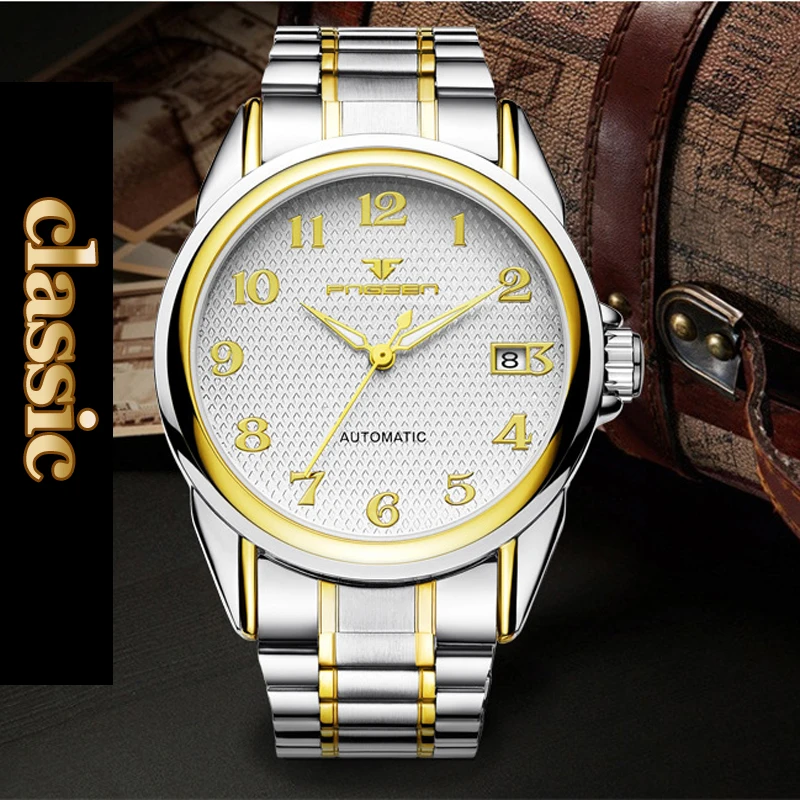 FNGEEN Brand Steel Mechanical Watches for Elder Men Top Quality Waterproof Luminous Digital Wristwatch Auto Date Saat Gold Watch