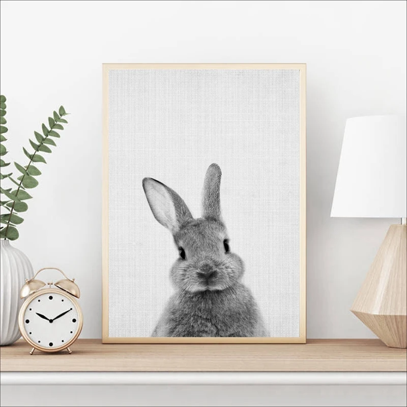 Black and White Baby Animal Rabbit Tail Canvas Art Print and Poster , Nursery Woodlands Bunny Canvas Painting Nordic Wall Decor