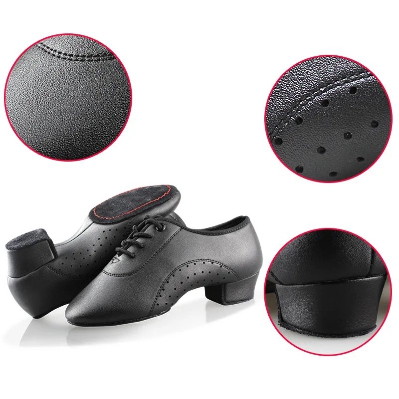 Latin Dance Shoes Boy Men Professional Leather Latin Shoes Black for Kids Low-heeled