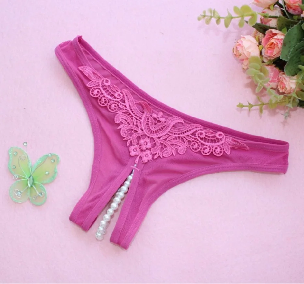 Bragas de malla de encaje Sexy para mujer, Tanga con perlas de masaje, ropa interior erótica sin entrepierna, lencería, regalo de fiesta de novia