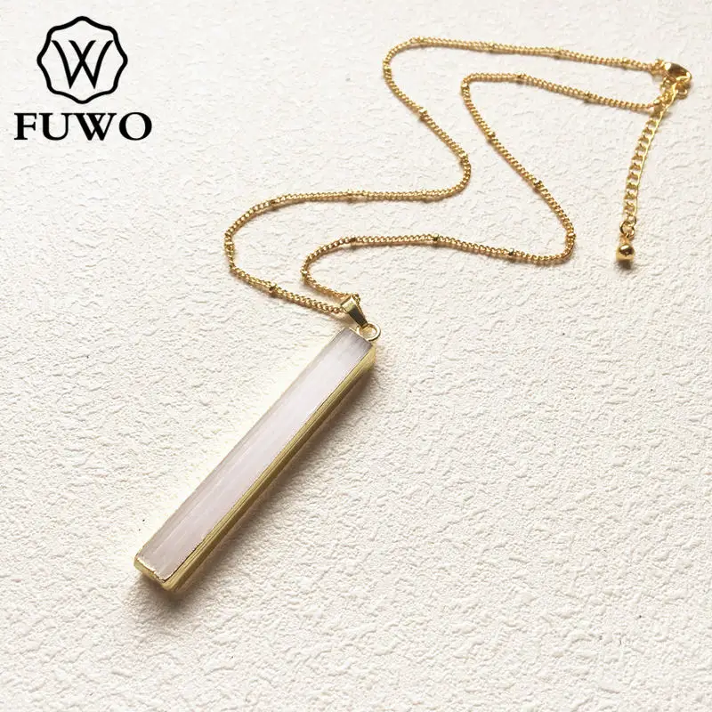 FUWO Natural Selenite Bar Necklaces With Golden Trimmed Edge High Quality Brass Chain Crystal Blade Jewelry Wholesale NC024