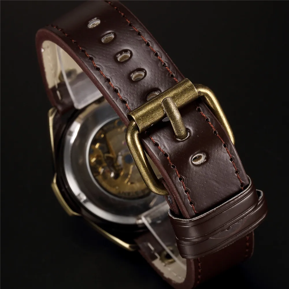 SHENHUA Watches Men Retro Bronze Case Wristwatch Male Automatic Mechanical Skeleton Watch Leather Sport Watch Relogio Masculino