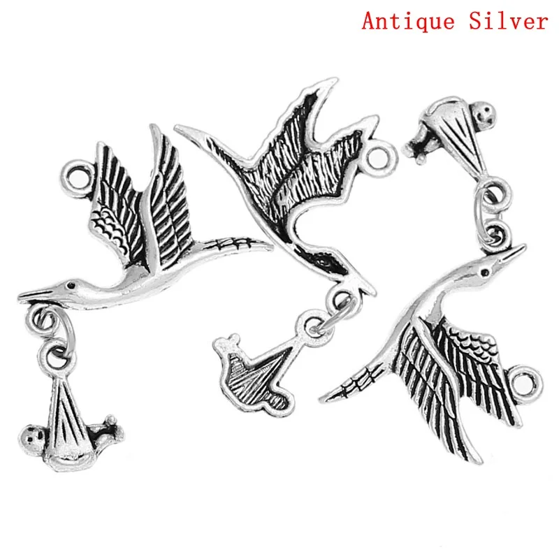 Doreen صندوق جميل 20 قطعة فضية اللون تحلق اللقلق ث/المتدلية الطفل في حزمة المعلقات حلية 30x24 مللي متر (B20967)