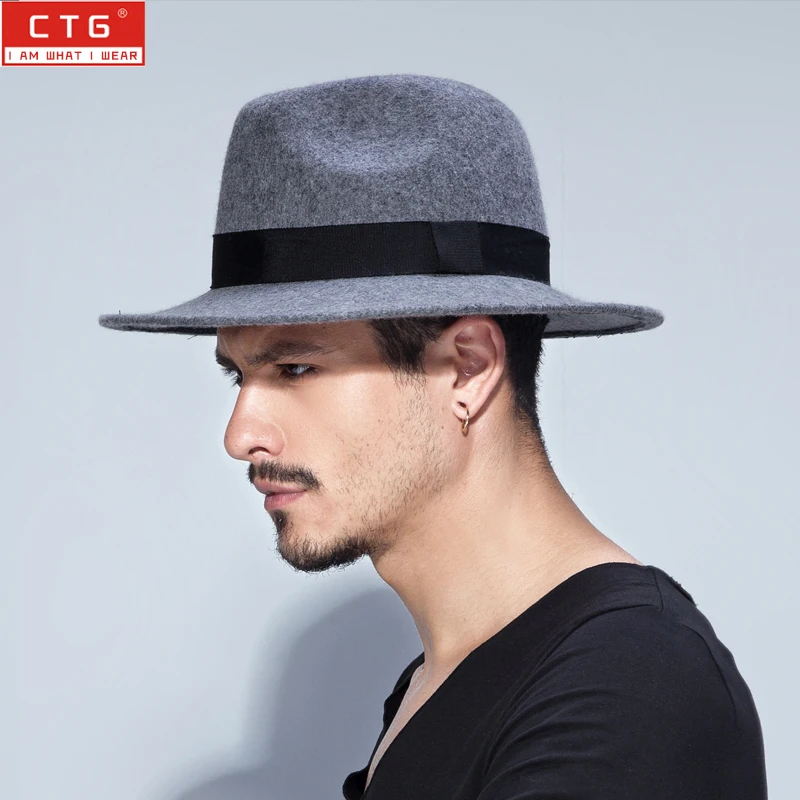 Male wool felt  British Panama Jazz hat 100% wool fedora felt hat Black Panama hat  Wide brim classic trilby hat  B-1509