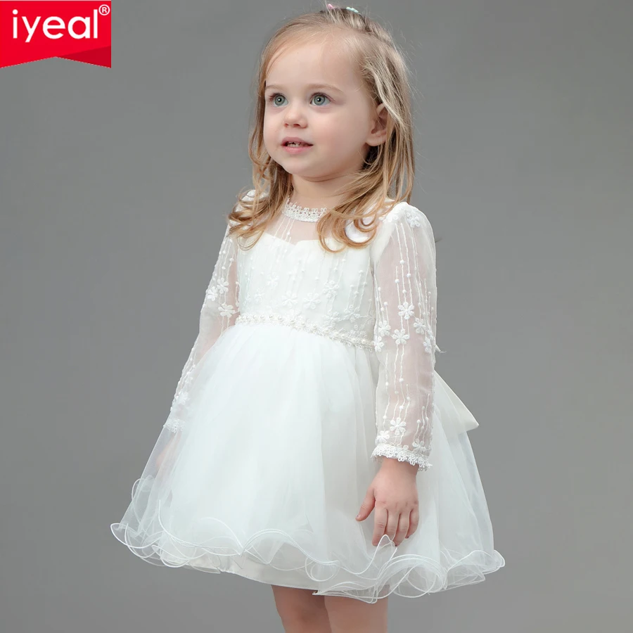 IYEAL Newest Princess Baby Girl Hollow Out Long Sleeve Prom Birthday Party Dress Ivory Elegant Baptism Dresses Vestido Infantil