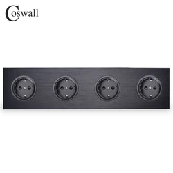 Coswall Black / Silver Grey Brushed Aluminum Metal Panel Quadruple EU Russia Wall Socket Grounded With Children Protective Door