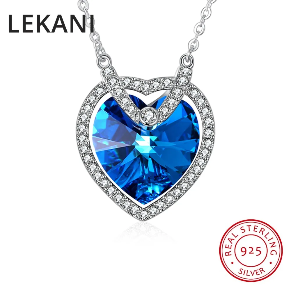 LEKANI Crystals From Austria Fine Jewelry Real S925 Silver Pendant Necklaces Blue Zircon Heart Collar For Women Lovers Gifts