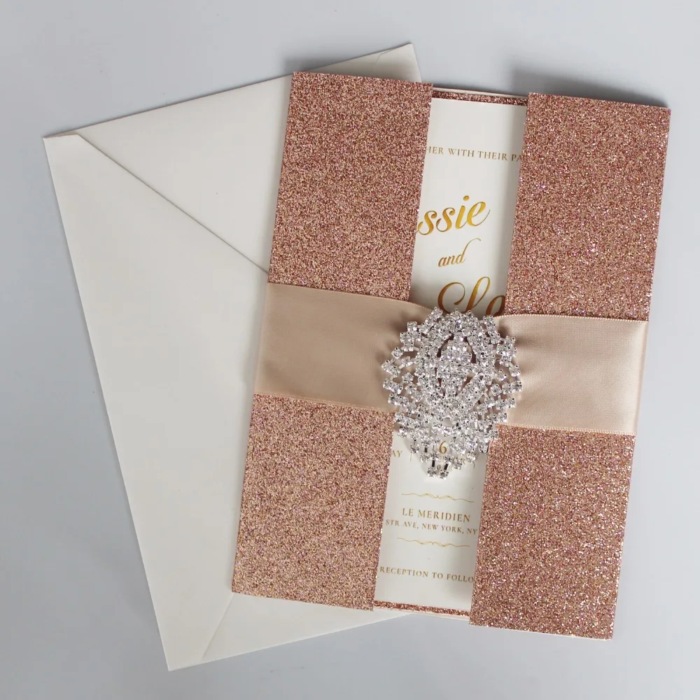 Rose Gold Wedding Invitations Shiny Invitation Cards Luxury Wedding Invitation With Ribbon - Set of 30