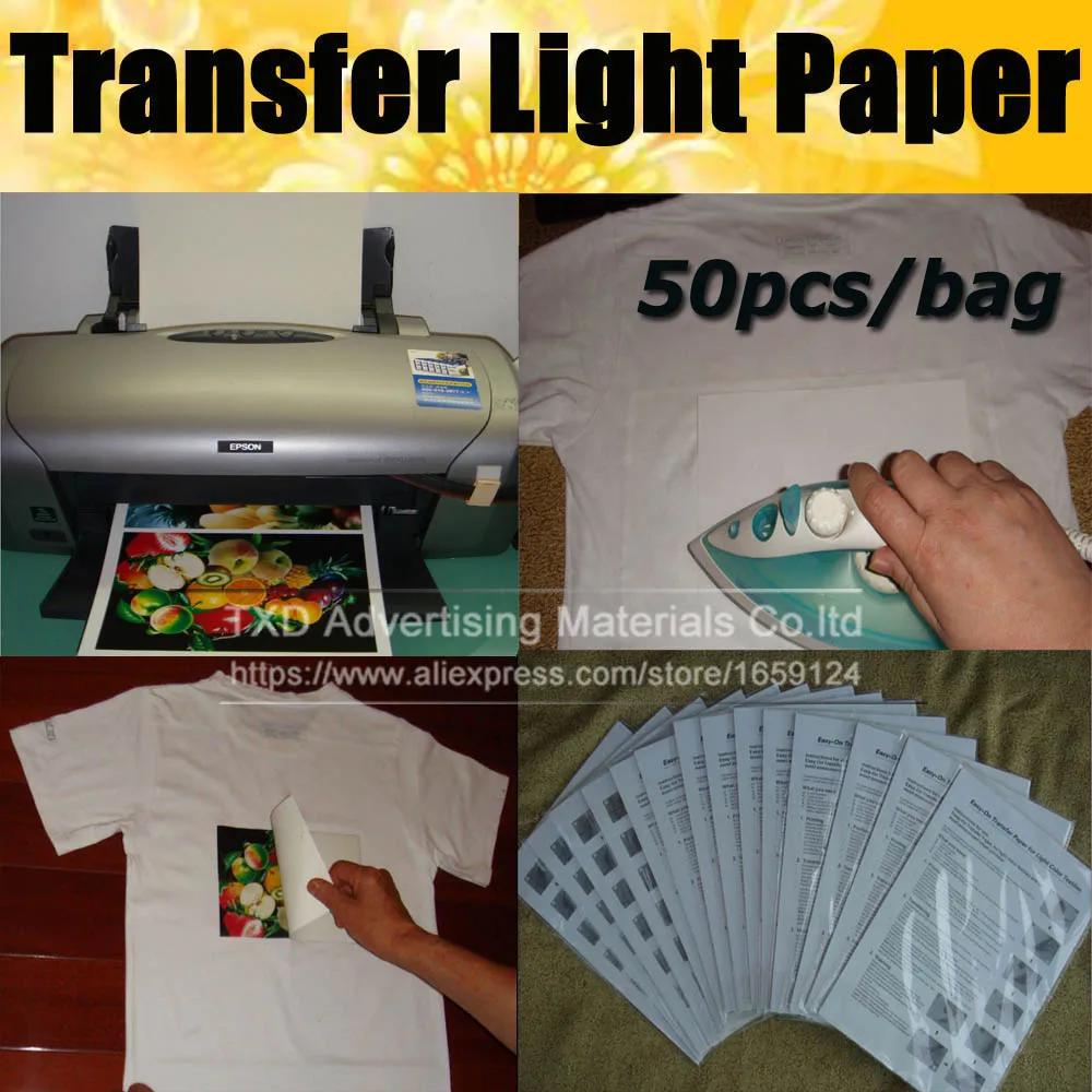 

50pcs Sheets/Bag For Cloth T-Shirt Iron On Inkjet Light Fabrics Heat Transfer Paper A4