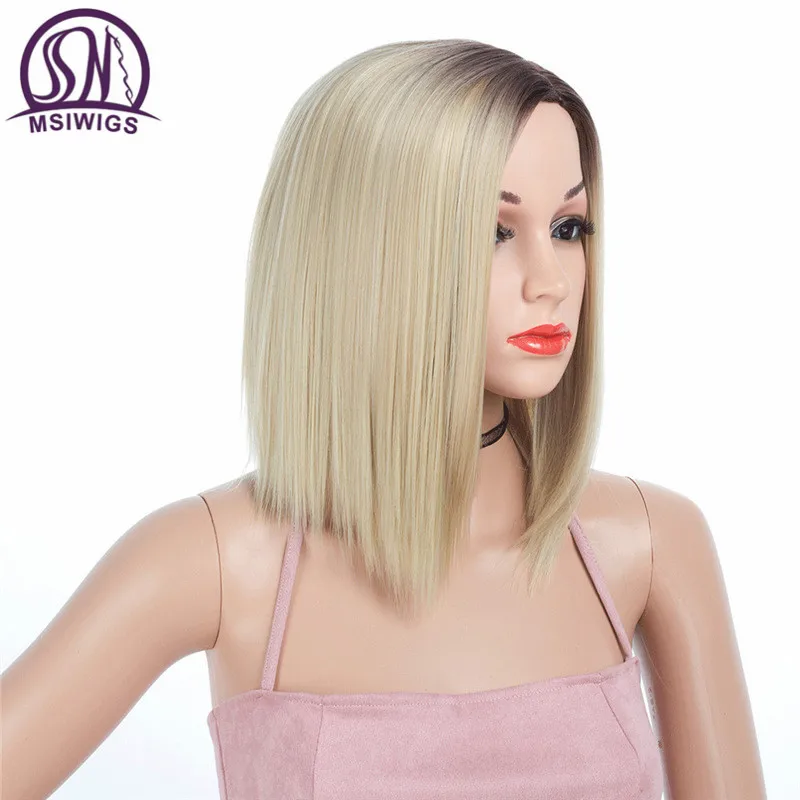 MSIWIGS Black Blonde Short Straight Wigs Synthetic Women Wig Grey Light Root Natural Ombre Hair Wig Heat Resistant