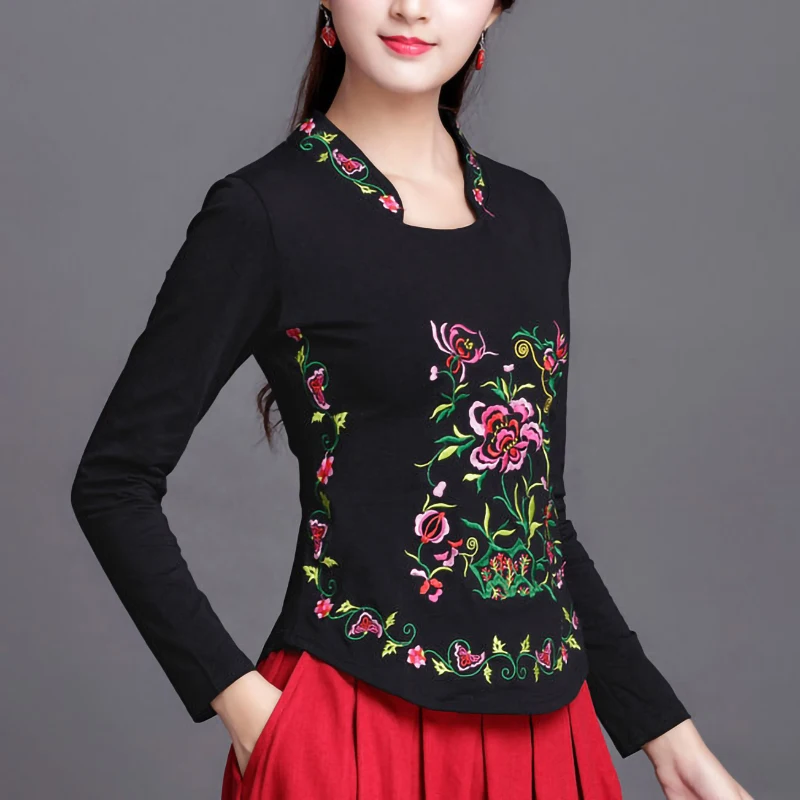 Plus size T Shirt Women Cotton Basic Tshirt Long sleeve Vintage Ethnic Embroidery High quality Ladies Tops Casual 4XL 5XL 6XL