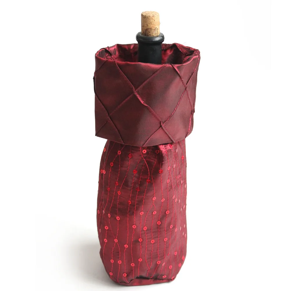 Burgundy Sequin Sparkle Decoration with Handcraft Pintuck Faux Silk Wine Bottle Bags Christmas Candy Gift Bags P4501