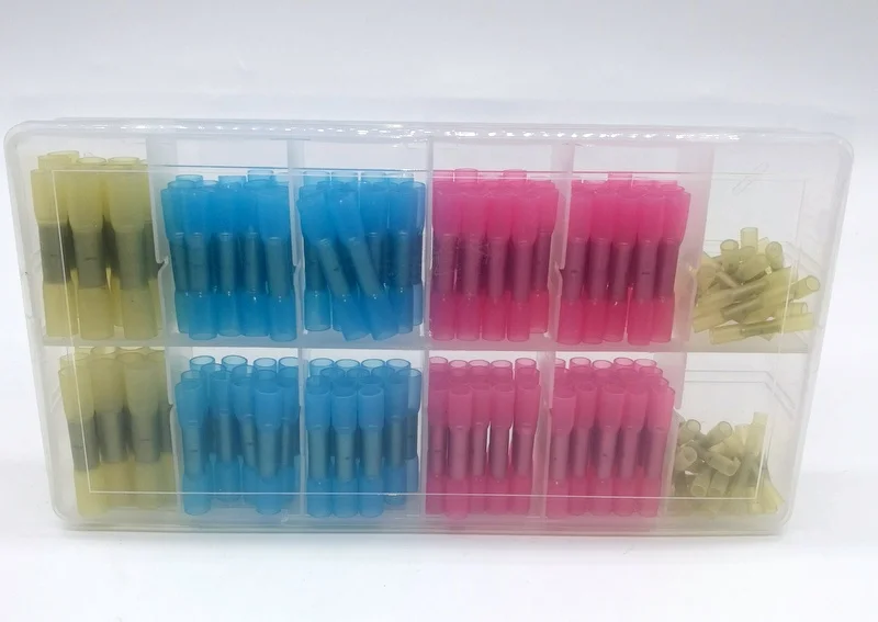 200pcs  Hot Melt Glue Inside Water-proof 4 Sizes Mixed BHT0.5 /1.25/ 2 /5 /PE Heat Shrink Butt Crimp Terminals Connectors