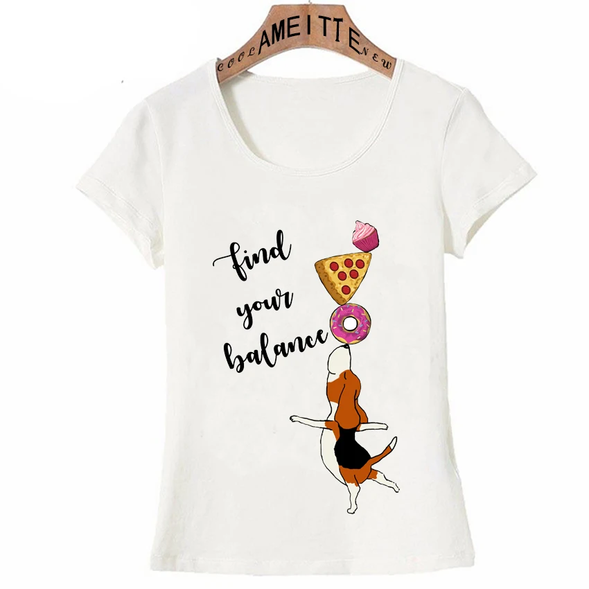 New Summer Fashion Women t-shirt Beagle balancing with donut pizza and cupcake P T-Shirt Novelty Casual Tops Women Tees