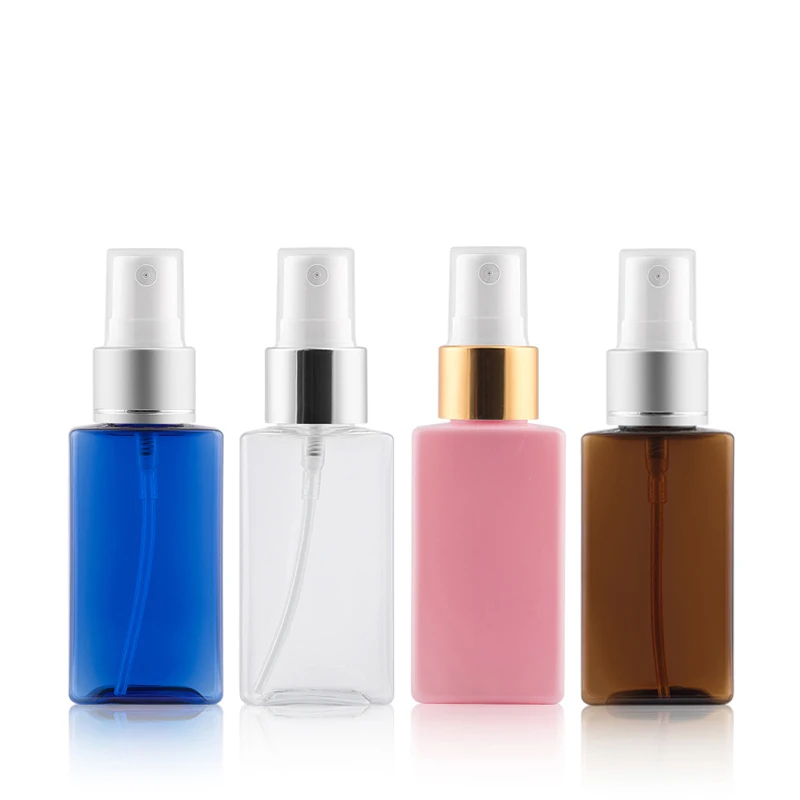 

50ml 48pcs/lot Clear/Blue/Pink/Brown/Green Aluminium Spray Pump Plastic Square Bottle Perfume Travel Cosmetic Container