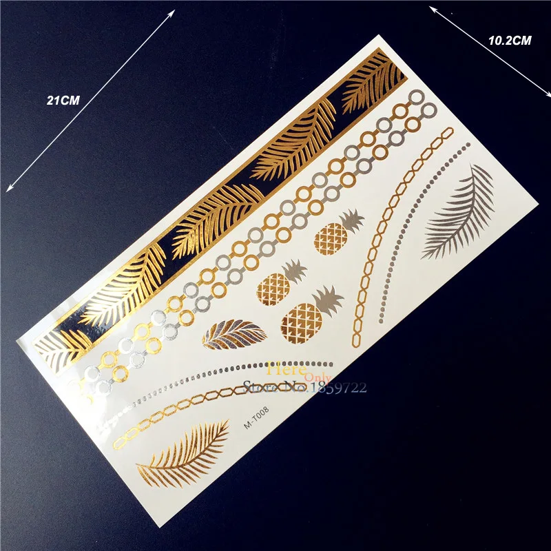 1PC Hot Summer Style Flash Temporary Tattoo Stickers Men Women Body Art HGM8 Pineapple Leaf Bracelet Gold Silver Metallic Tattoo