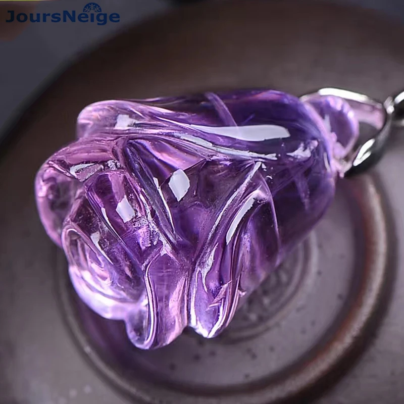 Wholesale Purple Natural Crystal Pendant Hand Made Carved Magnolia flower With Chain Necklace Lucky for Women Crystal Jewelry