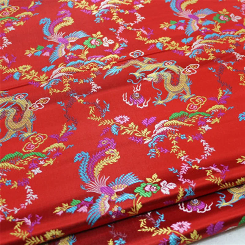 CF522 Red/Golden/Pink Dragon & Phoenix Embroidered Brocade Fabric Chinese Silk Stain Fabric For Chinese Couple's Wedding Clothes