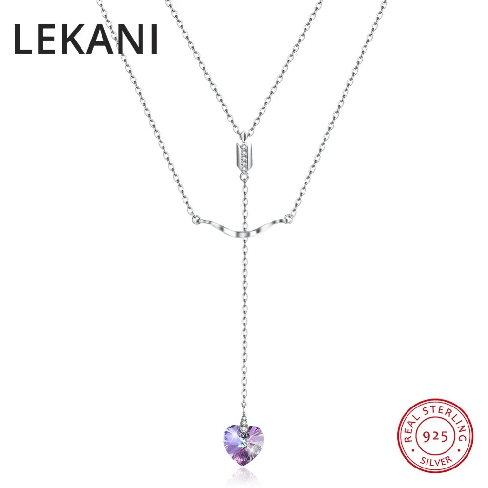 

LEKANI Long Pendant Necklace Colorful Heart Bead Crystals From Swarovski For Women 925 Silver Double Chain Collars Wedding Party