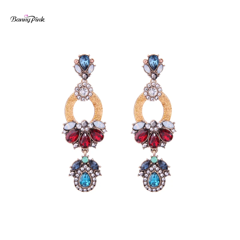 Banny Pink Vintage Waterdrop Statement Studs Earrings For Women Elegant Rhinestone Pendant Post Earrings Colorful Long Earrings