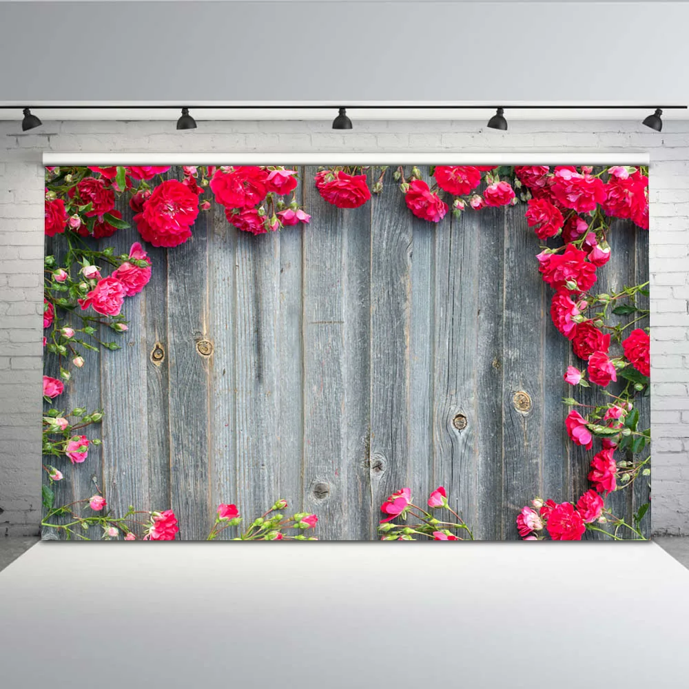 

Mocsicka Red Flower Grey wooden board Background for Photography Mother's Day Backdrop for Family Photographic Photo Studio Prop