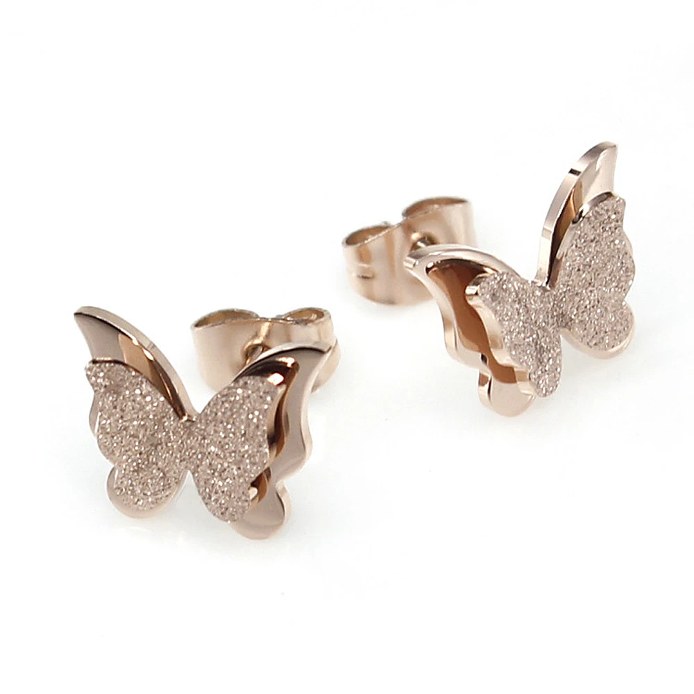 Chic Lovley Butterfly Stud Earrings Rose Gold Color Stainless Steel Earrings