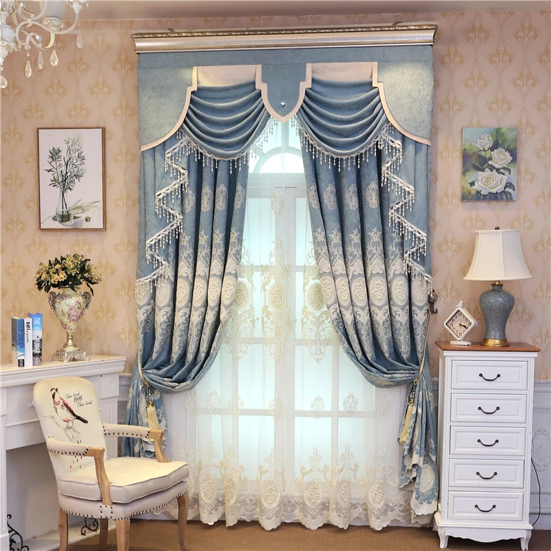 New luxury chenille embroidered curtains finished custom for living room high quality pink blue curtains for bedroom  girls room