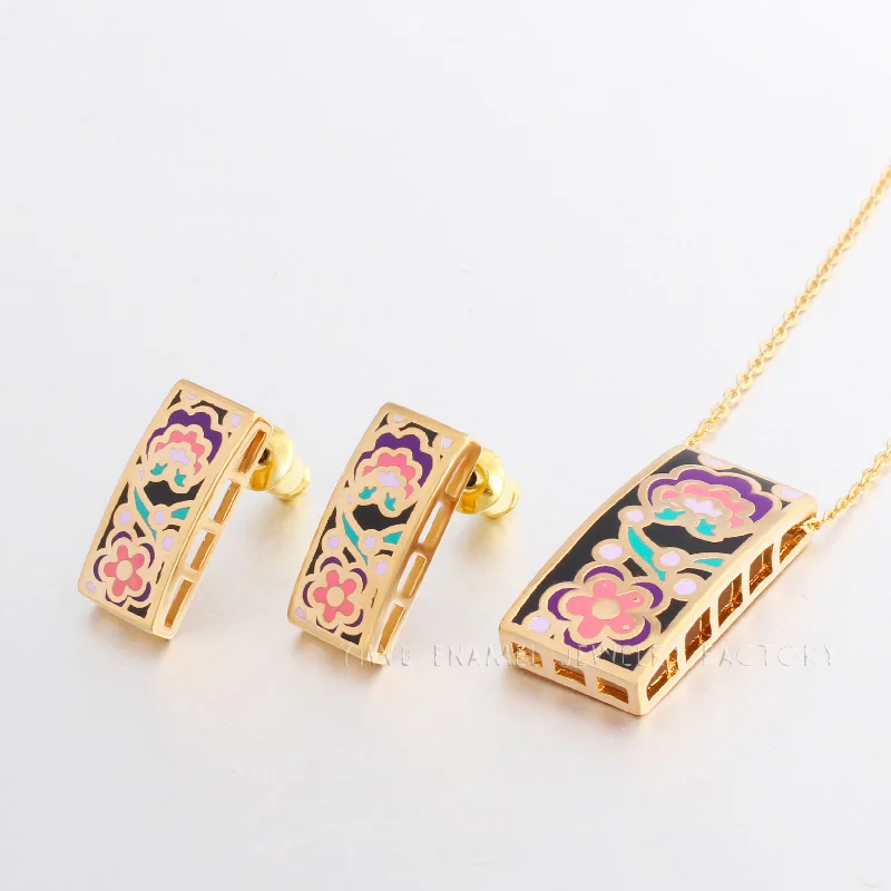 Color Culture Filled Gold-color Jewelry Sets for Women Flower Design Shape  Enamel Vintage Jewelry Set (Necklace, Earring)