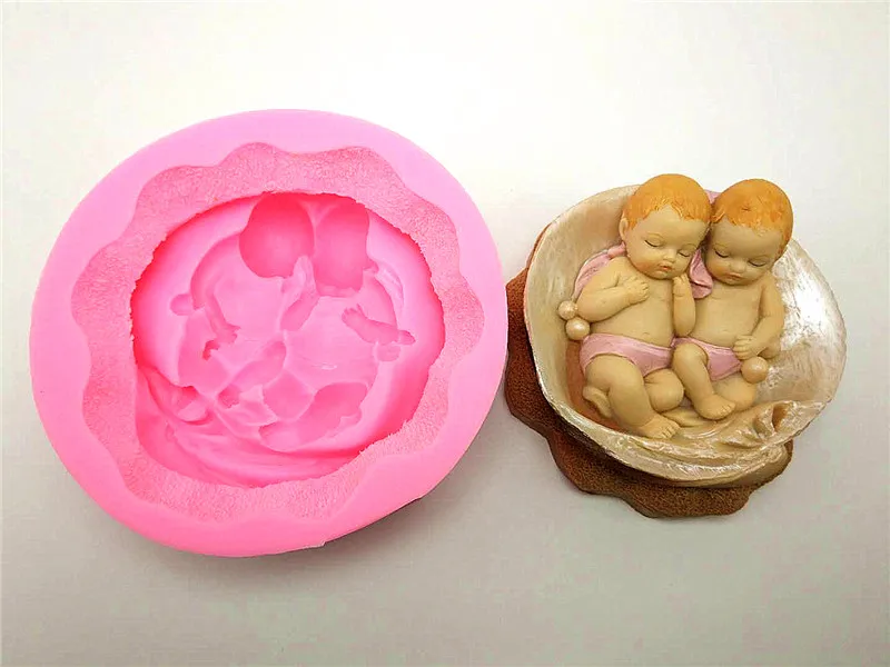 3D Shell Sleep Twin Baby Mould Cake Decorating Tools Handmade Chocolate Soap Silicone Mould