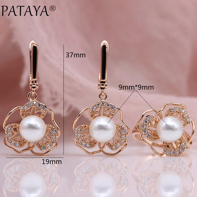 PATAYA New White Shell Pearls Earrings Rings Sets 585 Rose Gold Color Women Fashion Jewelry Set Natural Zircon Hollow Noble