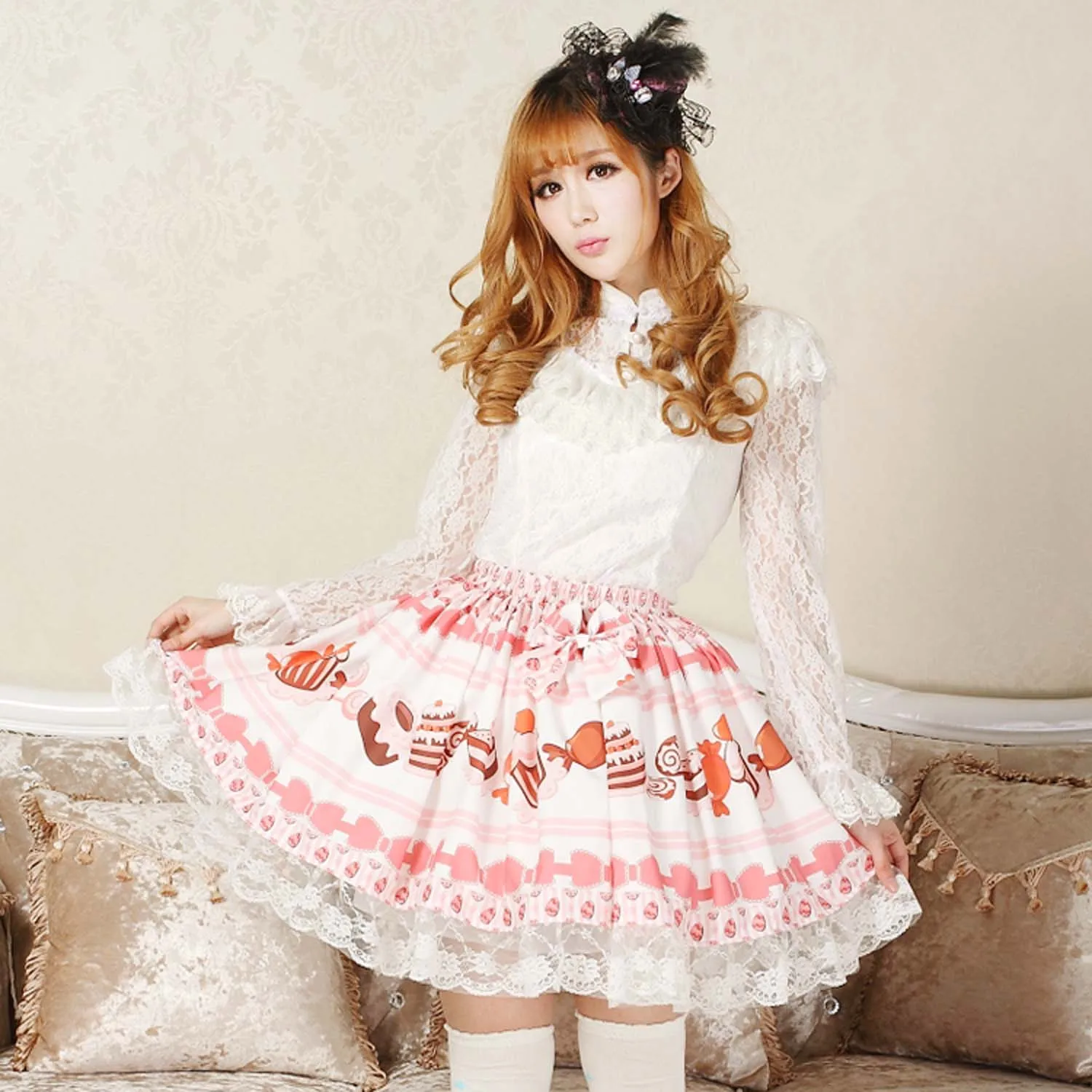 Pretty Baby Pink Candy Skirt Cute Cake Printed Japan Kawaii Adorable Lace Lolita skirt Princess Soft Skirts for Women