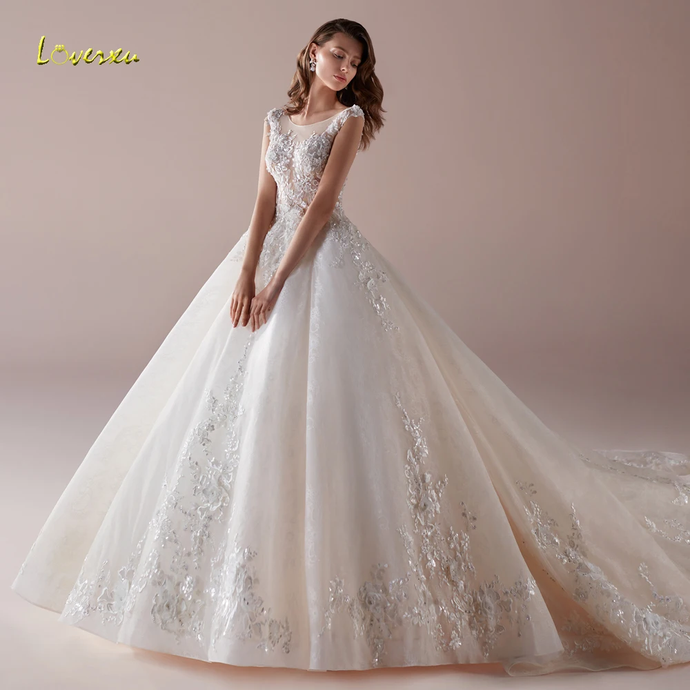 Loverxu Sexy Illusion Button Lace Vintage Wedding Dresses 2024 Cap Sleeve Appliques Flowers Chapel Train A-Line Bridal Gowns